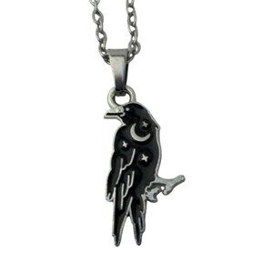 New Raven Crow Pendant Necklace W Crescent Moon & Stars On 18" Stainless Chain